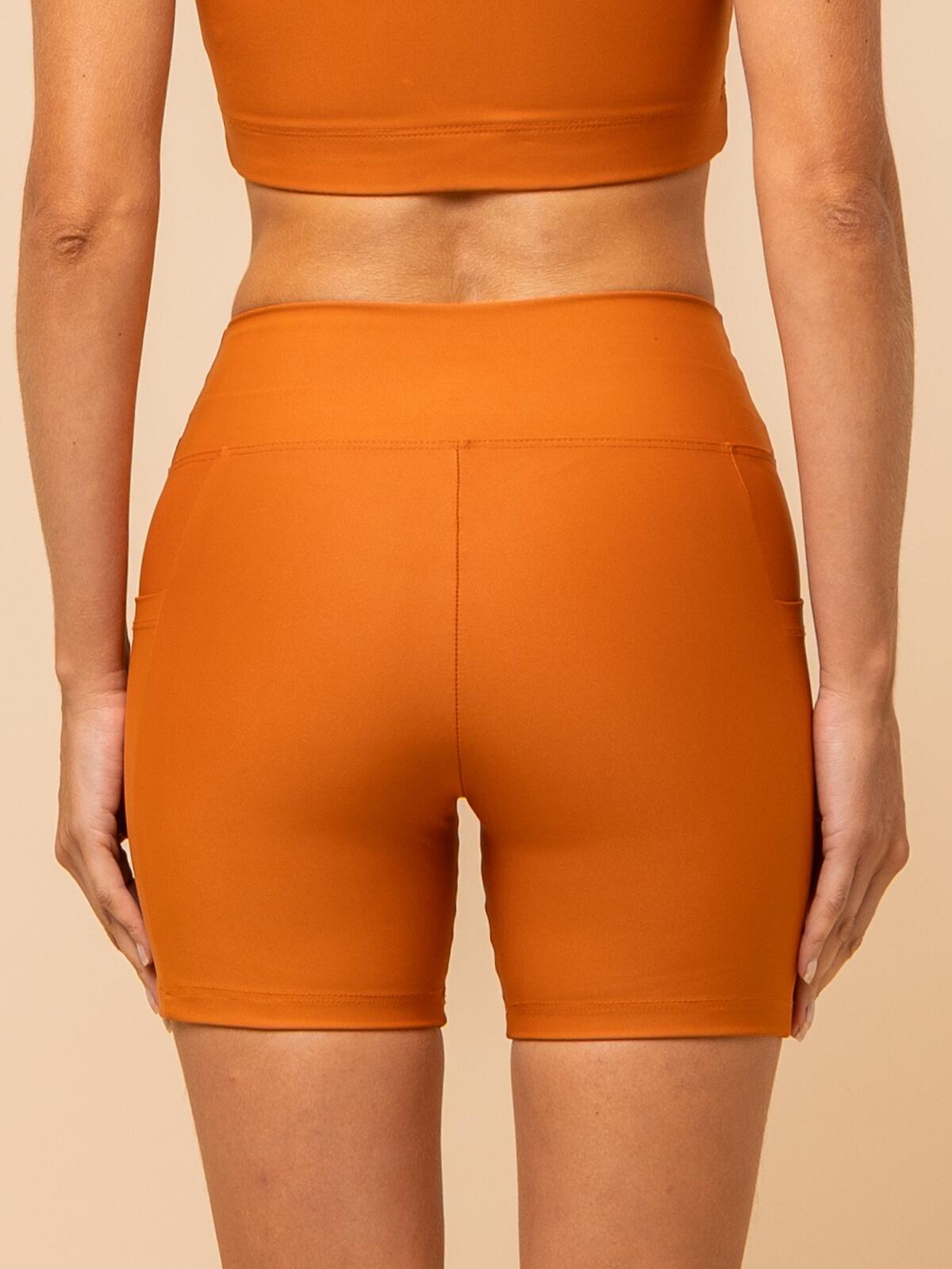High-Waist Burnt Orange Shorts – Compression & Pocket