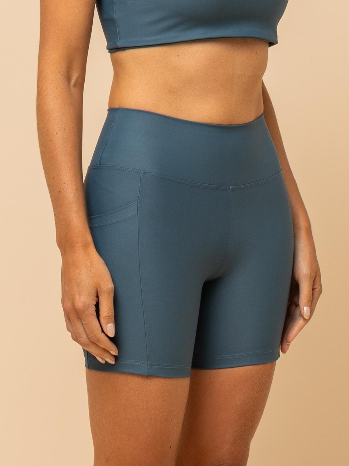 High-Waist Teal Shorts – Compression & Pocket
